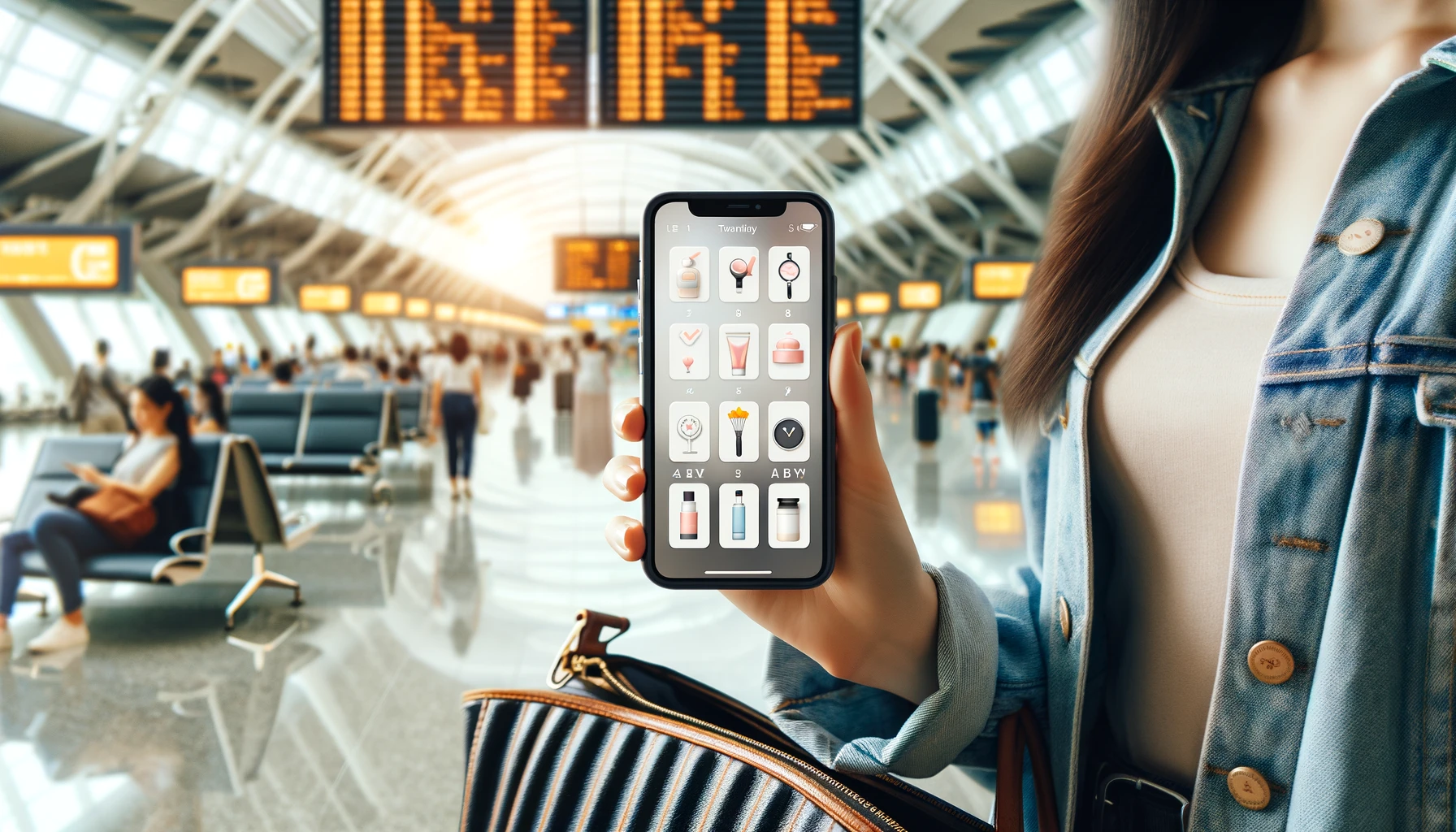 a woman at an airport, using her smartphone to manage her beauty routine with a tracking app. 